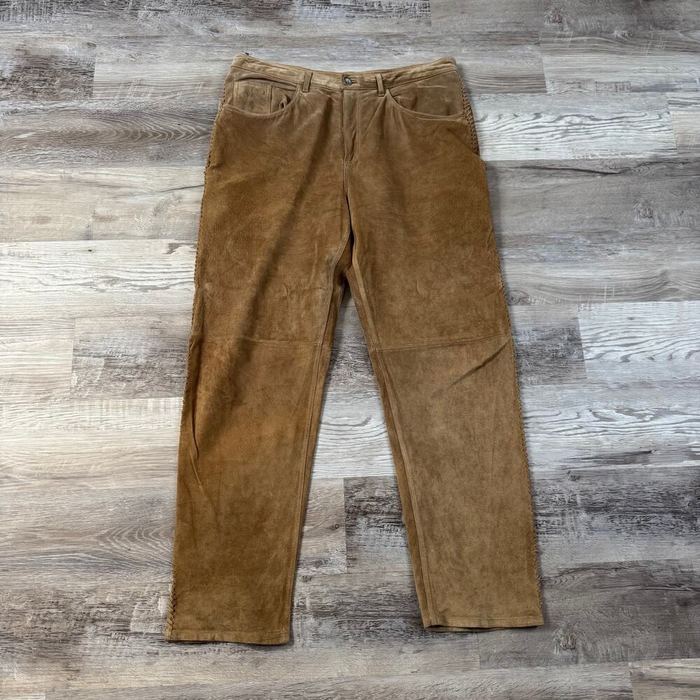 Vintage 90s Brown Leather Pants Whipstitch Western Cowgirl Boho Straight Leg